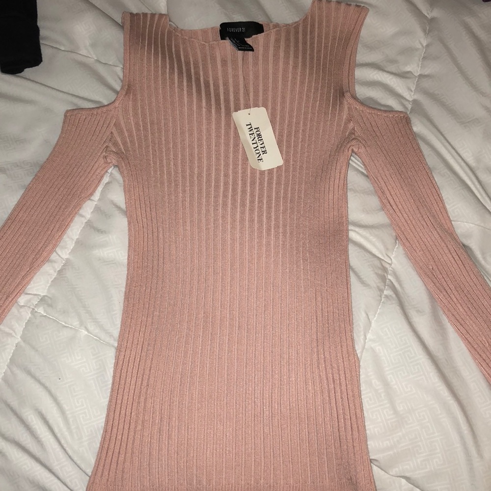 Pink, cold shoulder sweater